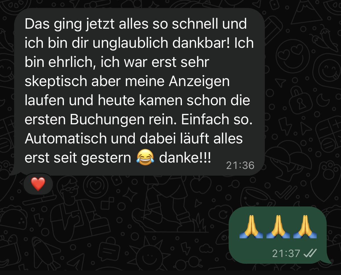 WhatsApp-Kundenrückmeldung: erste Buchungen und Dank für die Zusammenarbeit